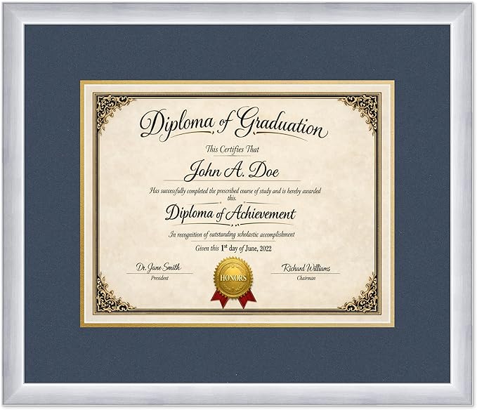 Diploma Frame Stainless Silver with Navy Blue Over Gold Double Mat - Fits 14 x 11 College Diploma (Modern) Wall Display Made in the USA
