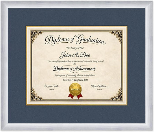 Diploma Frame Stainless Silver with Navy Blue Over Gold Double Mat - Fits 14 x 11 College Diploma (Modern) Wall Display Made in the USA