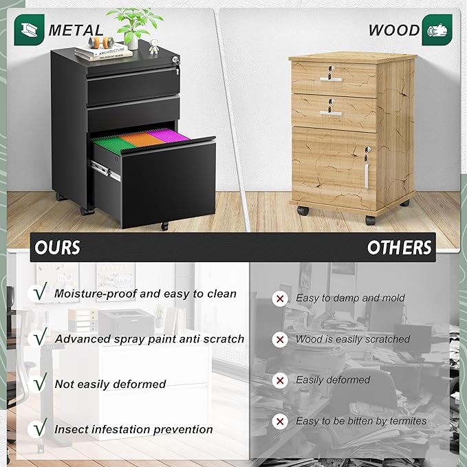 Superday File Cabinet 3 Drawer, Fully Assembled Metal Rolling Vertical Filing Cabinet with Wheels, Small Under Desk File Cabinets for Home Office (Black)