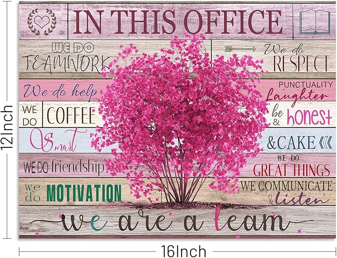 WOWGOOMO Pink Motivational Wall Art for Women Positive Sayings In This Office We Are A Team Flower Tree Picture Poster Modern Entrepreneur Wall Art Home Office Workspace Decoration Framed 12x16 Inch