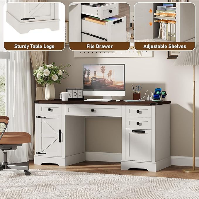 58'' Farmhouse Home Office Desk with Drawers, Wooden Executive Desk with Charging Station, File Drawers and Storage Cabinet, Computer Desk for Work, Study and Writing, Rustic White