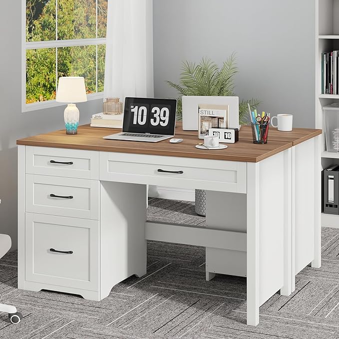 Farmhouse 47" Executive Desk with File Drawer, Wood Computer Desk with 3 Storage Drawers, Workstation for Home Office, Study, Writing