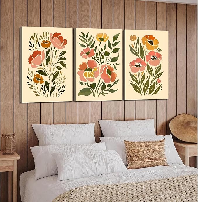 SFXYRTAH 3Pcs Boho Floral Canvas Wall Art Abstract Botanical Flower Prints Minimalist Plant Artwork for Living Room Bedroom Office Home Decor (12x16in canvas)