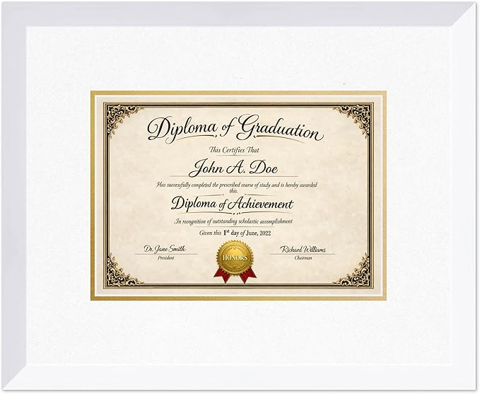 Diploma Frame Bright White with Oyster Shell Over Gold Double Mat - Fits 11.69 x 8.27 A4 Certificate Wall Display Made in the USA