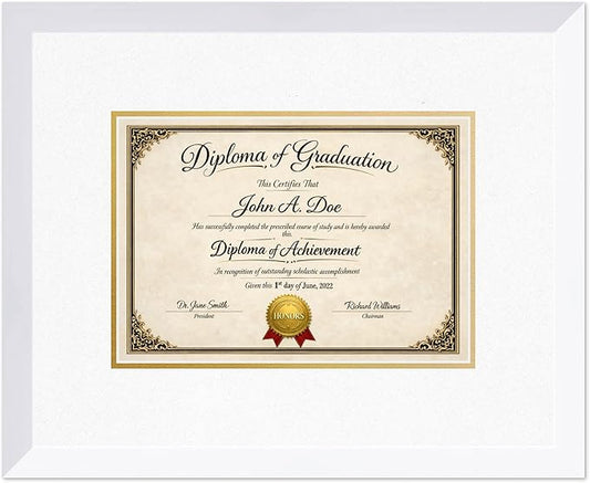 Diploma Frame Bright White with Oyster Shell Over Gold Double Mat - Fits 11.69 x 8.27 A4 Certificate Wall Display Made in the USA