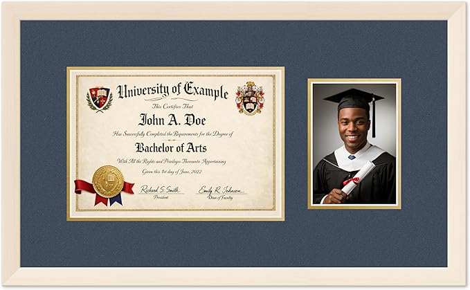 CountryArtHouse Fits 11.69 x 8.27 A4 Certificate and 5 x 7 Photo Diploma and Photo Frame Coastal Whitewash Genuine Hardwood with Navy Blue Over Metallic Gold Double mat