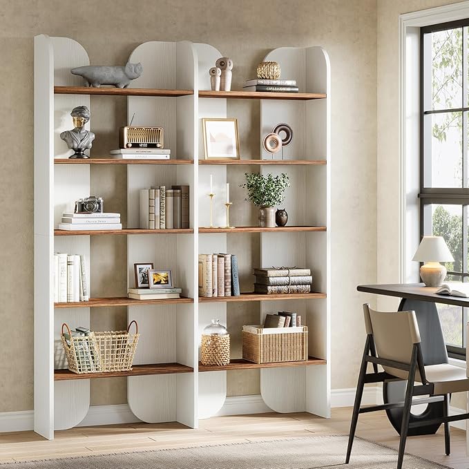 Tribesigns 5-Tier Farmhouse Bookshelf, 70.87-Inch Tall Double Wide Bookcase with Open Shelves, Vintage Floor Standing Book Shelf (1, White+Brown)