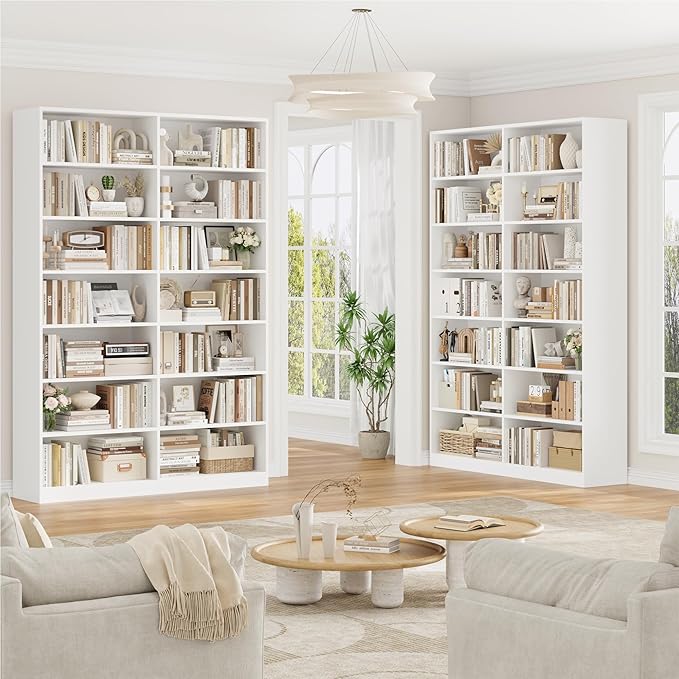 FACBOTALL 83.6" Tall Bookshelf and Bookcase, 7-Tier Extra Large Bookshelf with Double Storage, 14 Open Display Shelves for Home Office, Study and Living Room, White