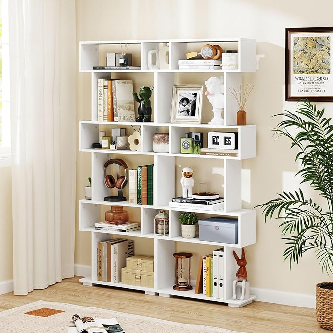 Giantex 6-Tier Geometric Bookshelf, S-Shaped Bookcase with 2 Anti-Tipping Kits, Wooden Display Shelf, Decorative Storage Shelving Unit, Home Storage Organizer for Office Living Room (1,White)