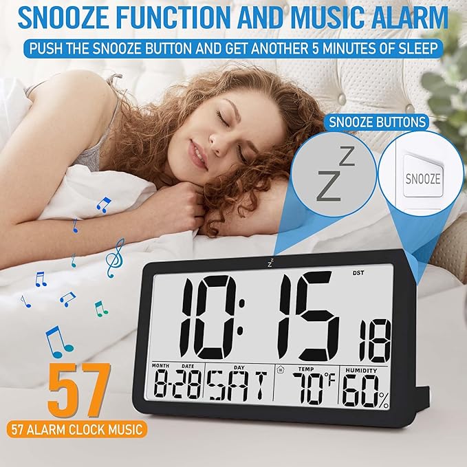 TXL Large Display Digital Wall Clock, Battery Operated with Temperature & Humidity, Auto DST, Date & Weekday, Easy Set Alarm, for Living Room, Bedroom, Office & Classroom (Black)