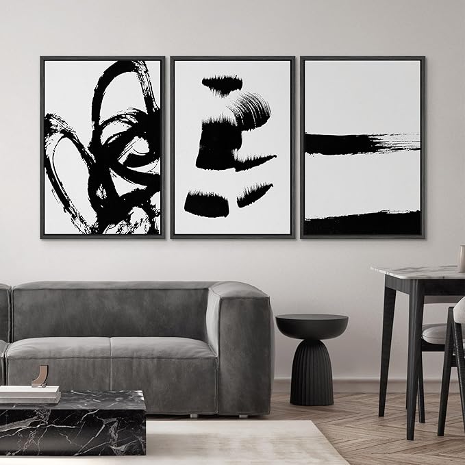 SIGNWIN Framed Wall Art Print Set Grunge Style Black & White Paint Strokes Abstract Shapes Illustrations Modern Art Bohemian Group Dramatic Grey for Living Room, Bedroom, Office - 16"x24"x3 Black