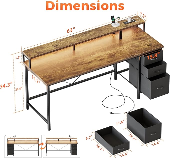 Mericonia Computer Desk 63 inch with Power Outlets & LED Lights, Gaming Desk with 3 Drawers for Home Office, Small Desk with Monitor Stand for Small Spaces, Study Writing Desk
