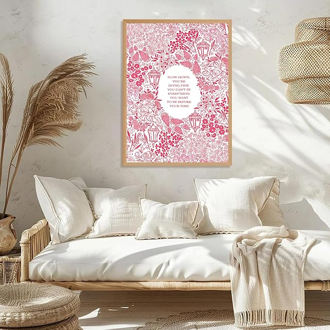 Slow Down You're Doing Fine Music Posters Motivational Quote Pink Wall Art Vintage Floral Positive Daily Reminder Song Lyrics Canvas Print Aesthetic Office Home Decor 8x12inch Wood Color Framed