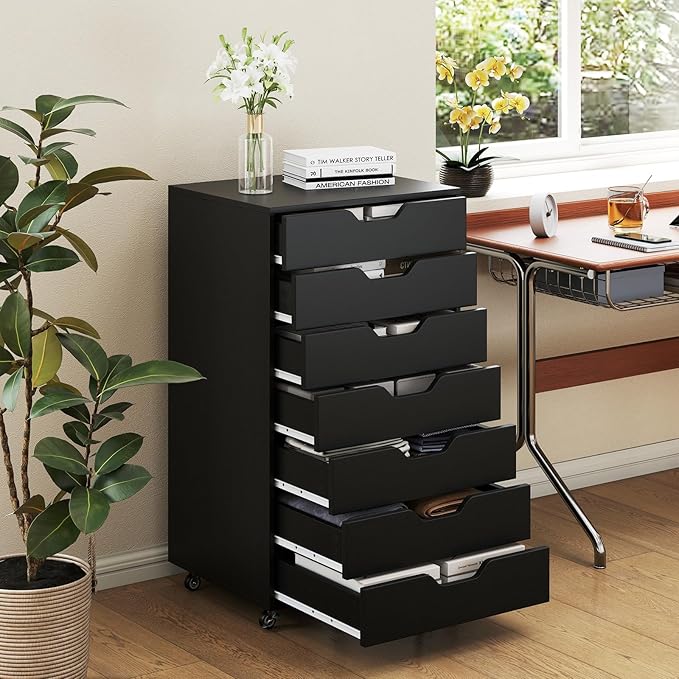 7 Drawer File Cabinet, 34.5" Vertical Storage Drawer Cart, Under Desk Office Organizer, Wooden Printer Stand, Rolling Filing Cabinet for Home Office (Black)