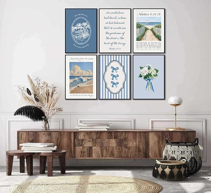 6Pcs Blue Coastal Christian Wall Art Bible Verse Canvas Painting Coastal Granddaughter Preppy Pictures Wall Decor Blue Hydrangea Bow Aesthetics Posters Prints for Girls Bedroom Living Unframed