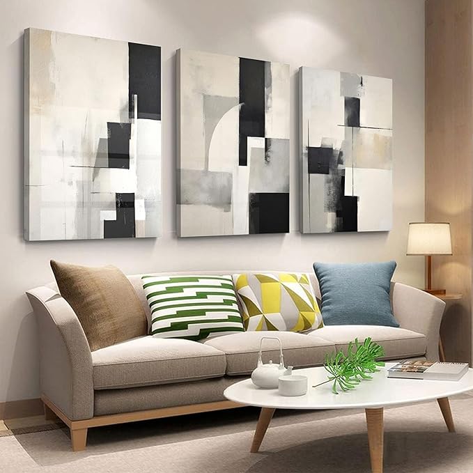 3Pcs Framed Neutral Abstract Canvas Wall Art Pictures Modern Minimalist Posters Prints Beige Black Brown Simple Wall Decoration for Living Room Bedroom Bathroom Office 12x16in