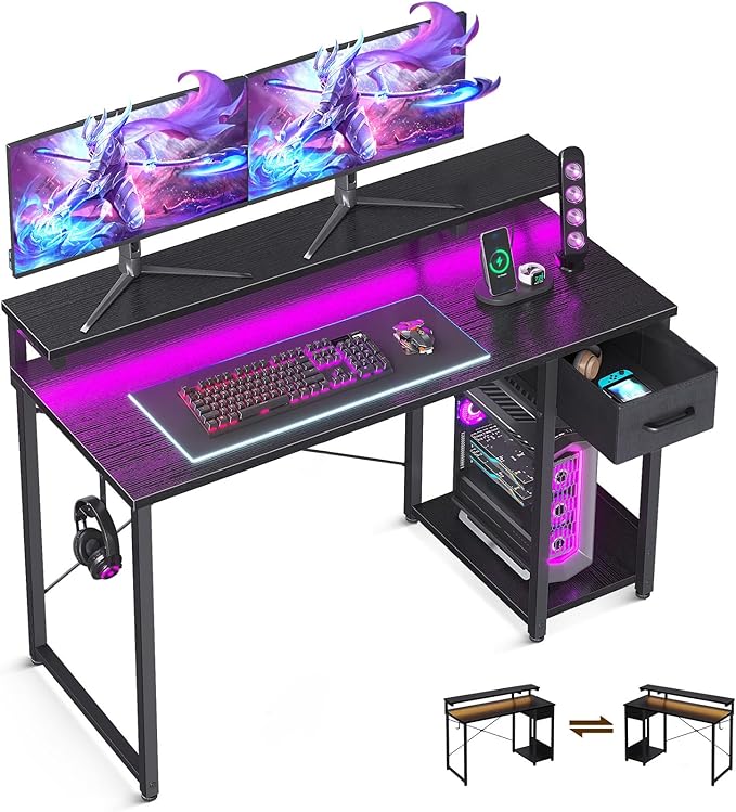 AODK Gaming Desk with LED Lights, 48 Inch Computer Desk with Drawers, Reversible Small Desk with Monitor Stand & Headphone Hook for Home Office, Black