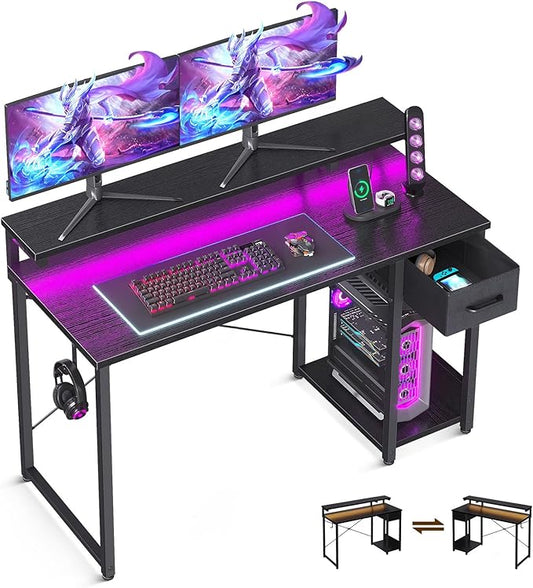 AODK Gaming Desk with LED Lights, 48 Inch Computer Desk with Drawers, Reversible Small Desk with Monitor Stand & Headphone Hook for Home Office, Black