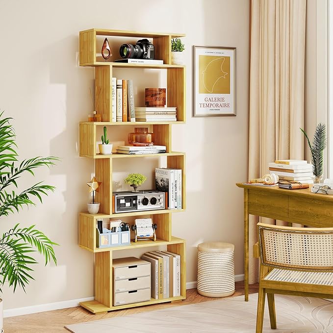 Giantex 6-Tier Geometric Bookshelf, S-Shaped Bookcase with 2 Anti-Tipping Kits, Wooden Display Shelf, Decorative Storage Shelving Unit, Home Storage Organizer for Office Living Room, Burlywood