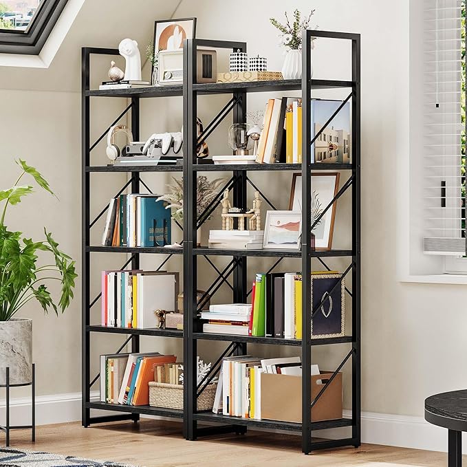 DWVO 5 Tier Bookshelf 2 Pack, Black Bookcase Storage Organizer, Modern Book Shelf Storage Rack Shelves for Bedroom, Living Room, Home Office, Black