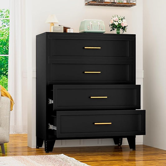 Tall 4 Drawers Dresser for Bedroom, Metal Drawer Dresser Chest Organizer, 4 Drawer Metal File Cabinet, Drawer Cabinet for Home Office Collection and Storage Small Size Files (Black)