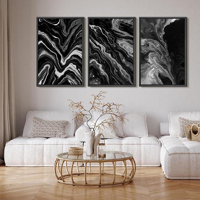 SIGNFORD Framed Wall Art Print Set Monochrome Swirl Abstract Contemporary Black and White Digital Art Modern Art Contemporary for Living Room, Bedroom, Office - 24"x36"x3 BLACK