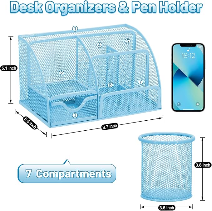13-in-1 Office Desk Organizer Set with Stapler and Tape Dispenser, Pen Holder, Scissors, Ruler, Hole Punch, 2 Pens & More Desktop Accessories for Back to School Supplies (Blue)