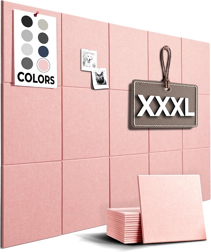 Vision Board - Cork Board for Walls, 59" x 36" | 15 Pack | Cork Board Tiles, Felt Bulletin Board, Large Corkboard, Cork Panel for Office, Felt wall Panels, Cork Panels, Corkboard Roll (Pink)