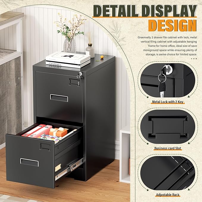 Greenvelly 2 Drawer File Cabinet with Lock, Lockable Vertical File Cabinets for Home Office, Black Metal Filing Cabinet for A4/Letter/Legal Size File, Easy Assemble