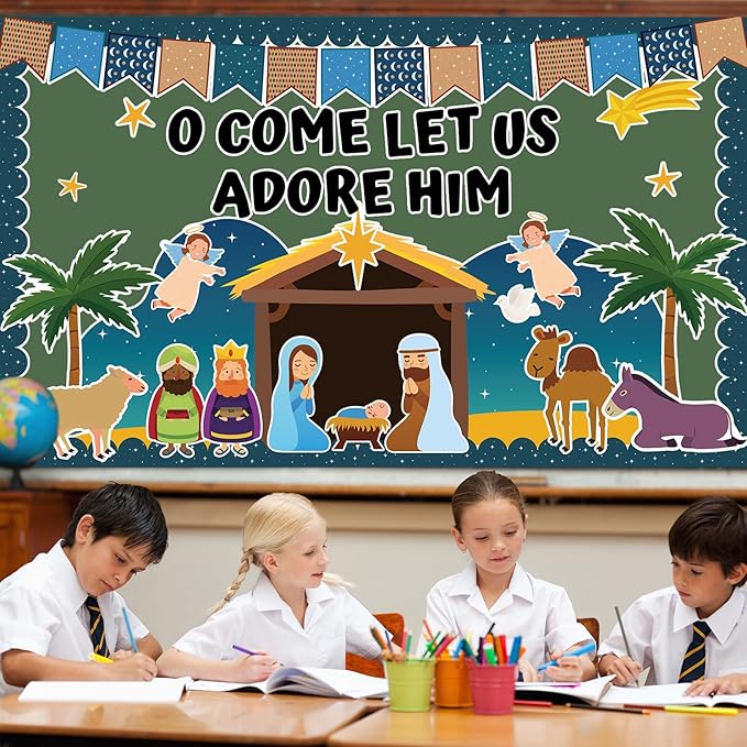 Religious Christmas Bulletin Boards Christian Nativity Scene Bulletin Board Decorations Set Jesus Birth Bible Classroom Decor Paper Border Cutout for Sunday School Church Chalkboard Wall