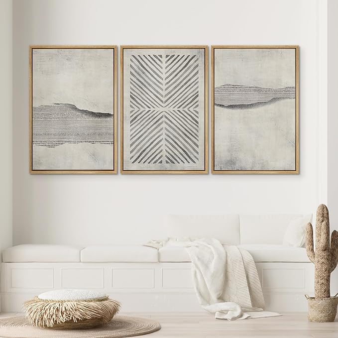 SIGNWIN Framed Canvas Print Wall Art Set Grunge Geometric Line Landscape Abstract Shapes Cozy Neutral Modern Art Decorative Boho Relax/Zen Nordic for Living Room, Bedroom, Office - 24"x36"x3 Natural