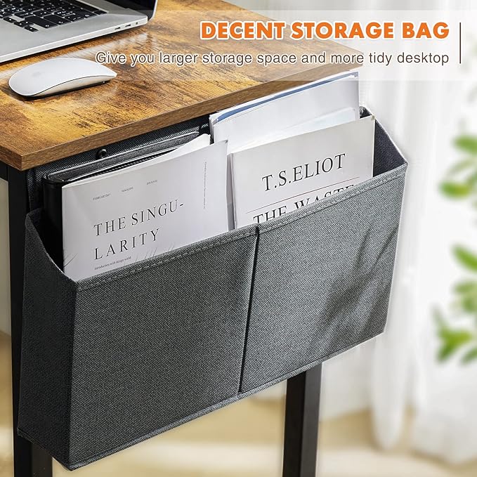 Sweetcrispy Computer Office Desk 63 Inch Student Study Writing Work with Headphone Hooks & Storage Bag Modern Simple PC Home Bedroom Table, Rustic Brown