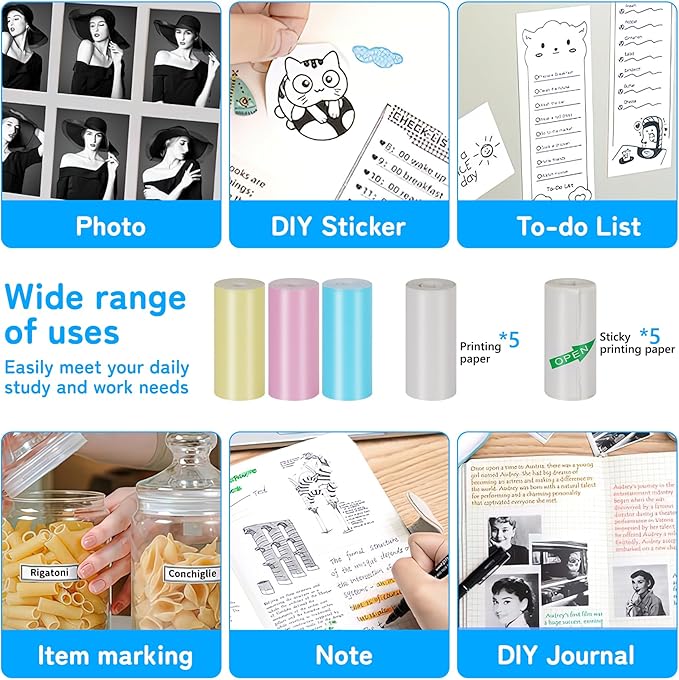 Print Pods Mini Sticker Printer Machine, Portable Bluetooth Thermal Printer with 13 Rolls Paper, Sticker Maker for Kids, Impresora Portátil for Notes, Journal, DIY, Gift, Home, School, Office