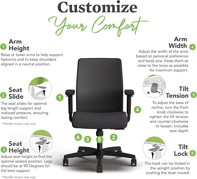 HON Ignition 2.0 Low Back Task Chair, Standard Synchro-Tilt Control, Office Chair with Lumbar Support, Height and Width Adjustable Arms, Black Frame, Black