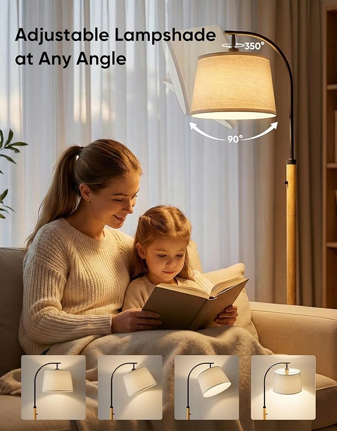 Dimmable Floor Lamp for Living Room, 65" Tall Metal Standing Lamp with LED Bulb, Mid Century Modern Arc Floor Lamp with Linen Shade for Bedroom, Reading Room, Office & Nursery, Black&Natural Color