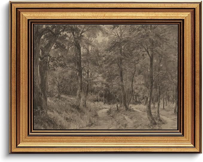 Gold Framed Wall Art Vintage Canvas Wall Art Nature Charcoal Landscape Path Forest Artwork Prints Picture for Living Room Bedroom Farmhouse Bathroom Office Decor, 8x10