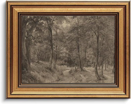 Gold Framed Wall Art Vintage Canvas Wall Art Nature Charcoal Landscape Path Forest Artwork Prints Picture for Living Room Bedroom Farmhouse Bathroom Office Decor, 8x10