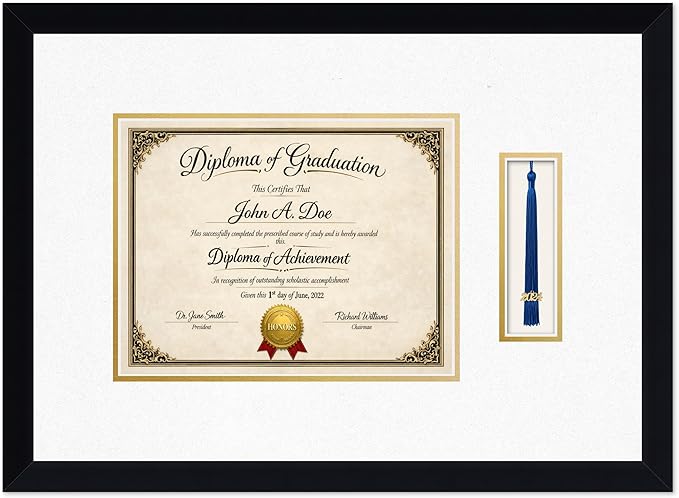 Diploma Frame with Tassel Holder Matte Black Shadowbox Oyster Shell Over Gold Mat - Fits 11 x 8.5 Degree Made in the USA