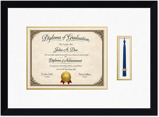 Diploma Frame with Tassel Holder Matte Black Shadowbox Oyster Shell Over Gold Mat - Fits 11 x 8.5 Degree Made in the USA