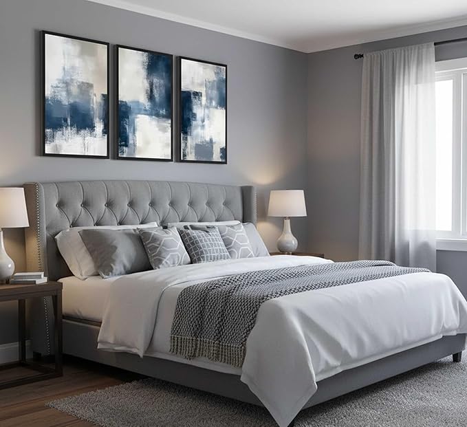 3 Pcs Navy Blue Abstract Canvas Wall Art Modern Minimalist Neutral Blue and Grey Paintings Pictures Wall Decor Poster Print Artwork for Living Room Bedroom Office Home Decoration Unframed