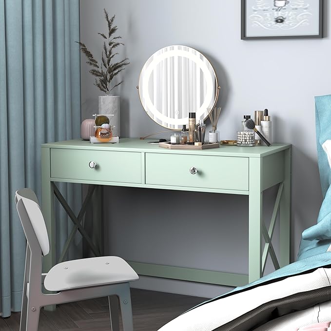 WiberWi Home Office Desk with Drawers, Small Writing Computer Desk for Bedroom, Modern Green Makeup Vanity Table for Girls, Study Table for Home Office
