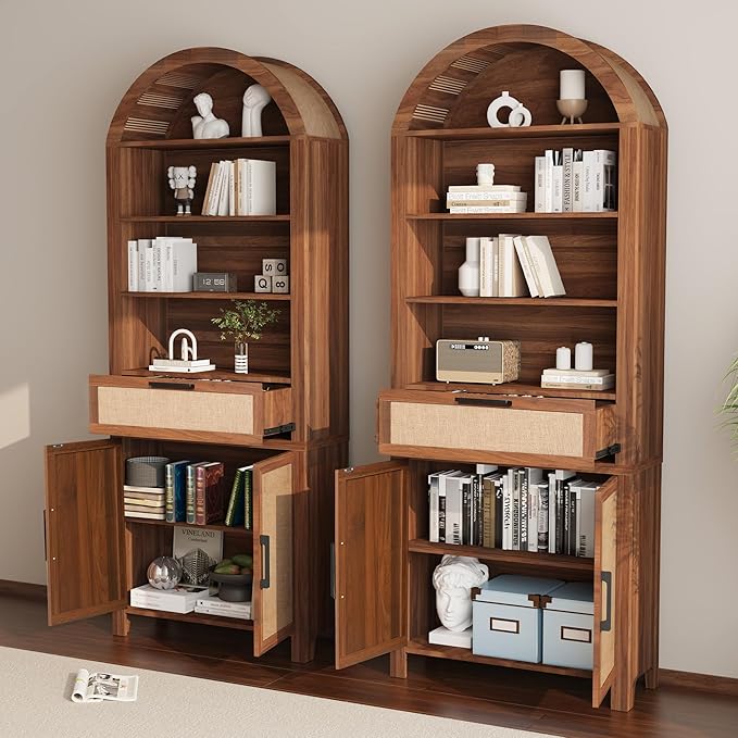 79" Tall Arched Bookcase with Storage, Mid Century Modern 6-Tier Cabinet with Door and Drawer, Arched Bookshelf with Open Display Shelf for Office Living Room(Walnut, 79inch-Doors)