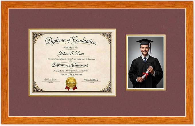 Diploma Frame With Photo Opening Honey Oak Dark Red Over Gold Mat - Fits 11 x 8.5 Degree and Picture Made in the USA