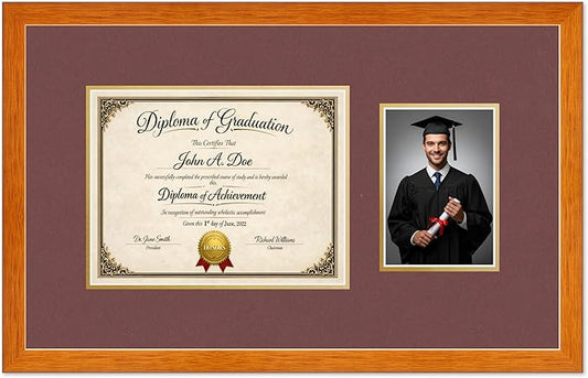 Diploma Frame With Photo Opening Honey Oak Dark Red Over Gold Mat - Fits 11 x 8.5 Degree and Picture Made in the USA