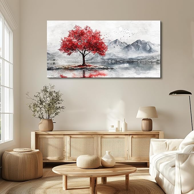 QIYILEXWART Large Wall Decor For Living Room Canvas Wall Art For Office Modern Wall Decorations For Bedroom Red Tree Landscape Painting Farmhouse Pictures Artwork Room Home Decor 24x48 In