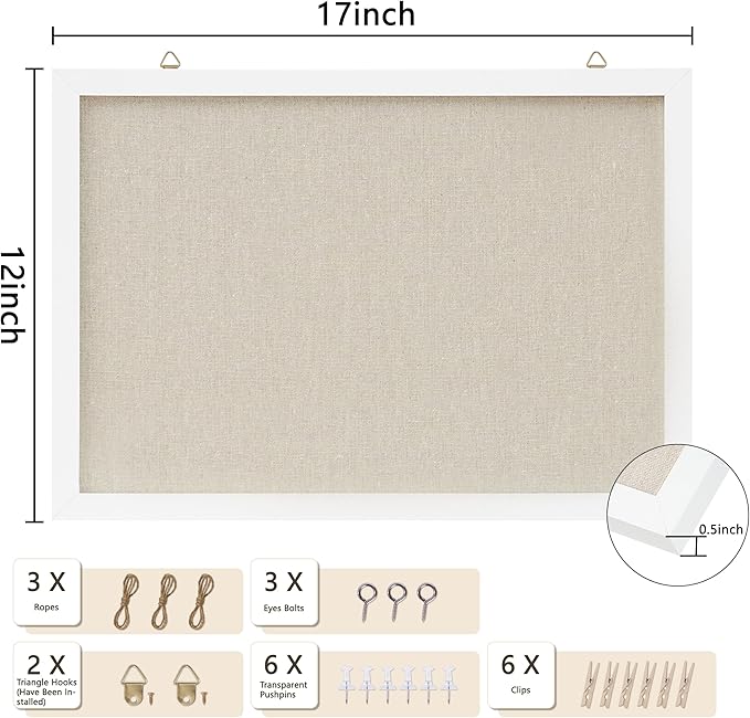 Cork Board with Linen White,Bulletin Board 17"x12" Hanging Corkboards for Office Home School Message Board or Vision Board Decoration.