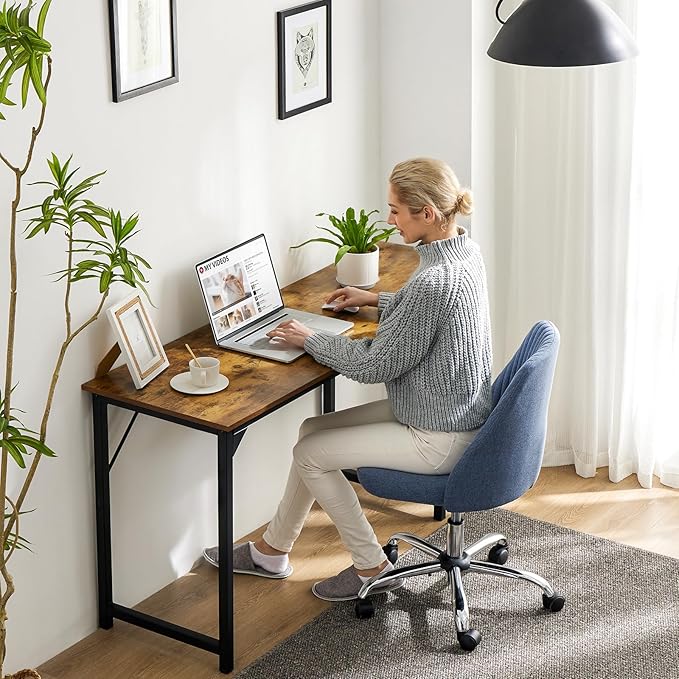 Sweetcrispy Computer Small Office Desk 40 Inch Student Study Writing Work with Headphone Hooks & Storage Bag Modern Simple PC Home Bedroom Table, Rustic Brown
