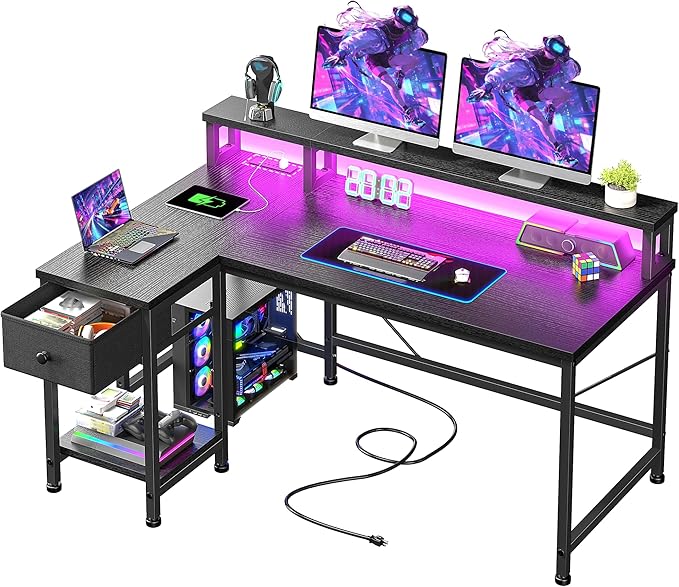 40" Gaming Desk with LED Lights & Power Outlet, L Shaped Desk with Drawer & Monitor Stand, Computer Desk for Small Room, Gaming, Corner Desk for Study Room, Bedroom, Black