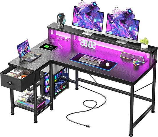 40" Gaming Desk with LED Lights & Power Outlet, L Shaped Desk with Drawer & Monitor Stand, Computer Desk for Small Room, Gaming, Corner Desk for Study Room, Bedroom, Black