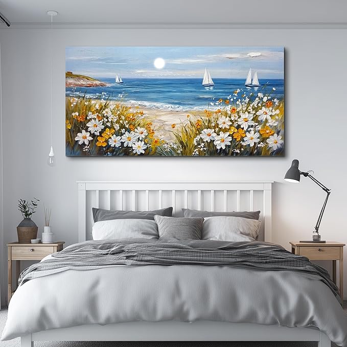 KELIYUAN Vintage Landscape Painting Home Decor Canvas Blue Ocean Beach Picture Print Wall Art For Living Room Farmhouse Dinin Mural White Flowers Bedroom Office Wall Decor Easy To Hang 20x40 Inches